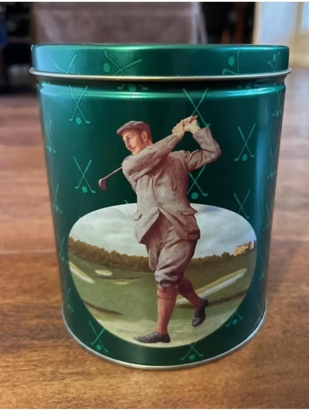Vintage Green Metal Golf-Themed Storage Tin Canister